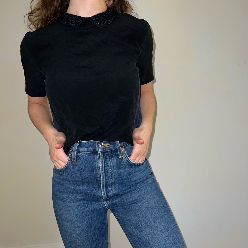 Blue and black collared Maje blouse